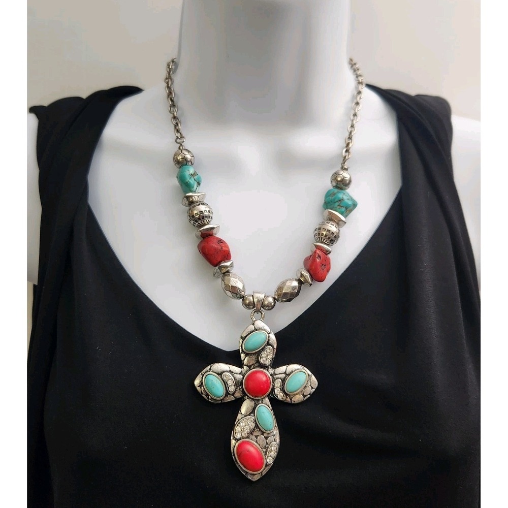 Da Vinci Southwestern Turquoise Red Coral Cross Silver Tone Necklace & Earrings